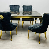 Sofia 180cm Black & Gold Marble Dining Table with Victoria 6 Black Lion Knocker Chairs
