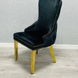 Sofia 180cm Black & Gold Marble Dining Table with Victoria 6 Black Lion Knocker Chairs