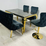 Sofia 180cm Black & Gold Marble Dining Table with Victoria 6 Black Lion Knocker Chairs
