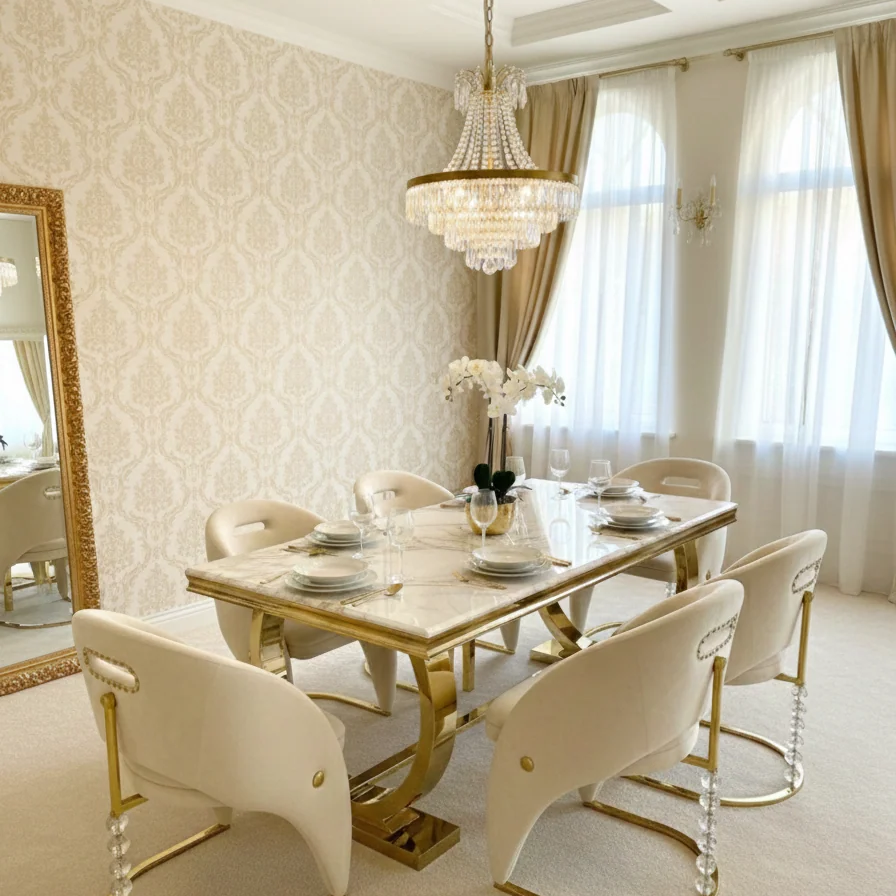 Ariana 160cm Gold Marble Dining Table with Vegas Chairs