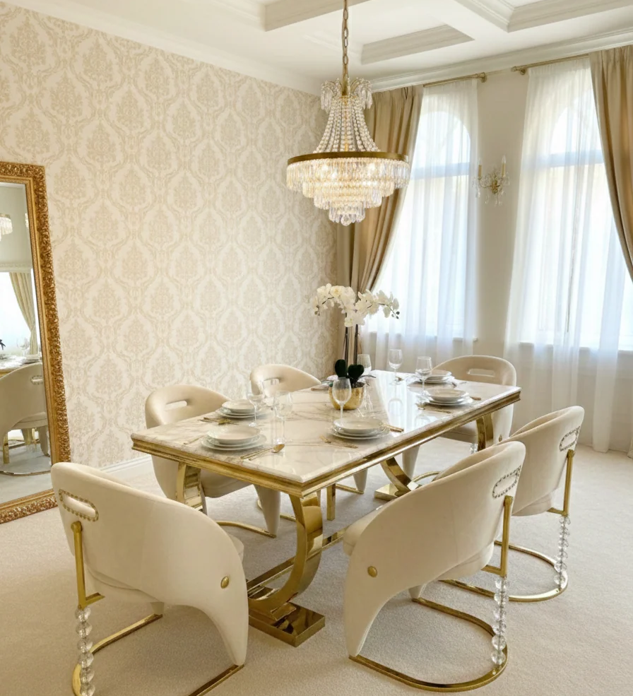Ariana 160cm Gold Marble Dining Table with Vegas Chairs