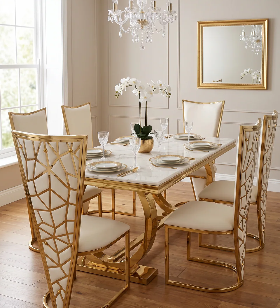Ariana 180cm Gold Marble Dining Table Set with Vienna Chairs