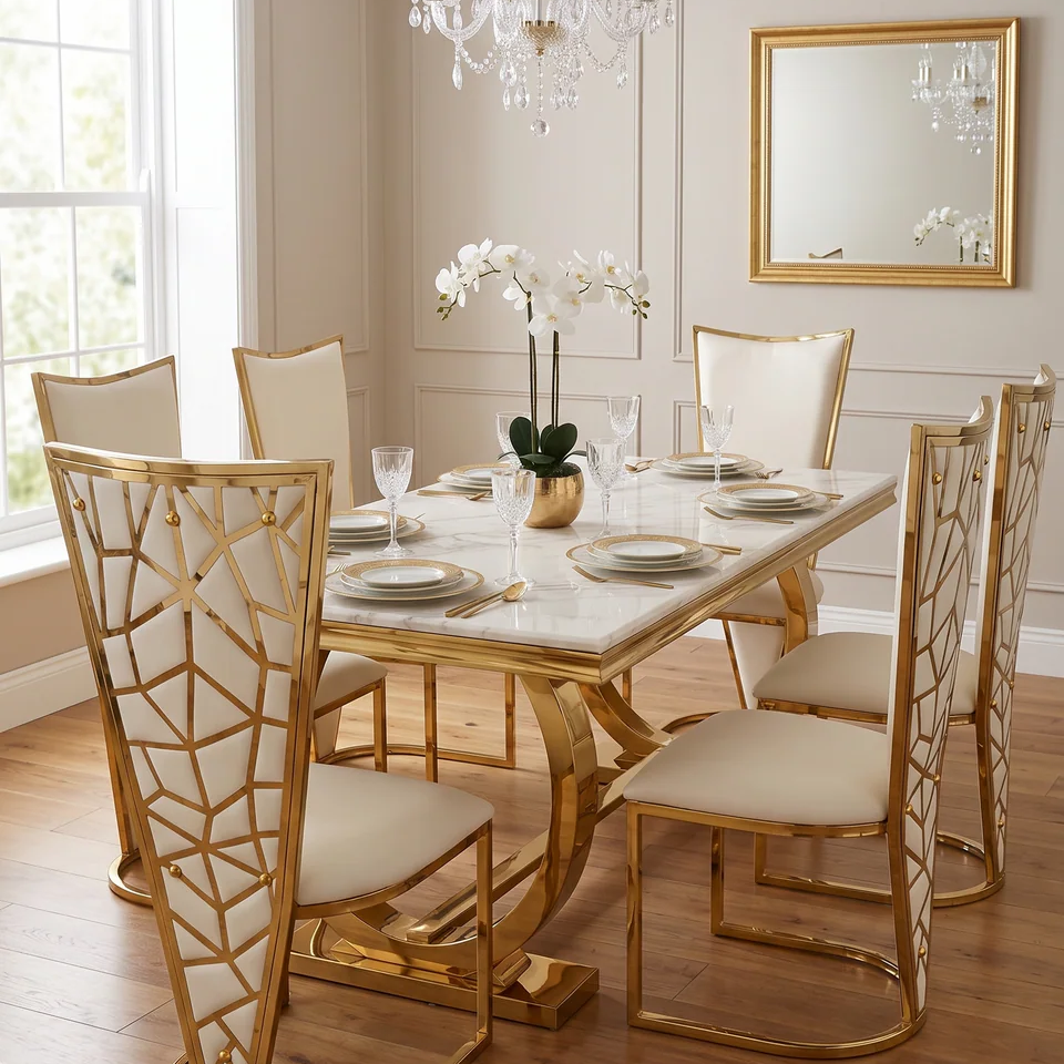 Ariana 180cm Gold Marble Dining Table Set with Vienna Chairs