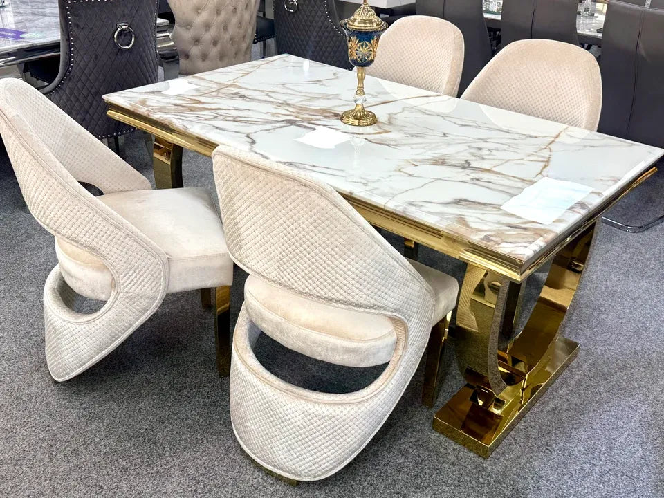 Ariana 180cm White & Gold Dining Table Set with Santo Chairs