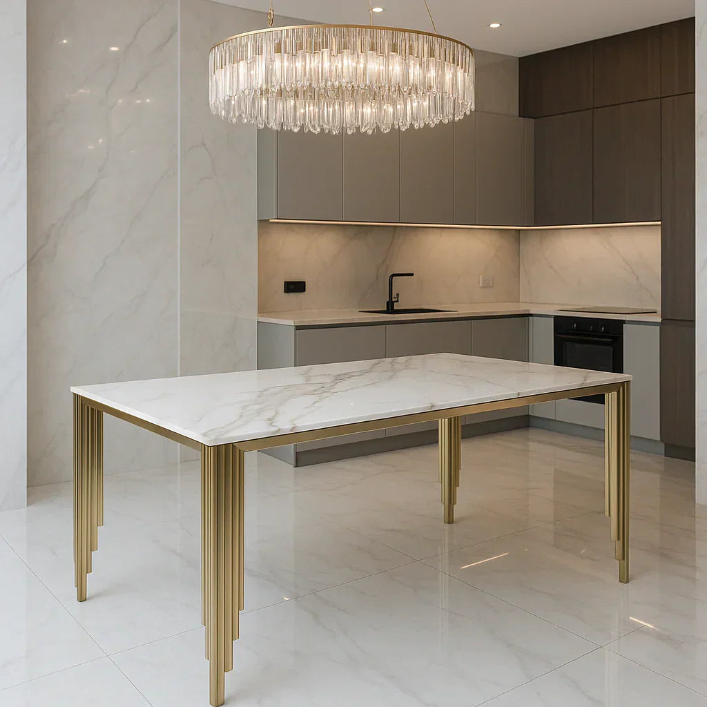 Mayfair 180CM Gold Marble Dining Table With Lucy Gold Ring Knocker Quilted Dining Chairs
