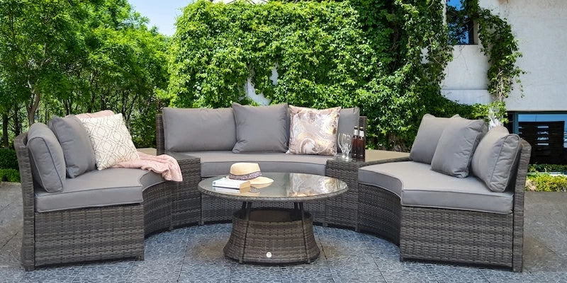 Juliet Garden Grey Half Moon Corner Sofa with Side Tables and Coffee Table