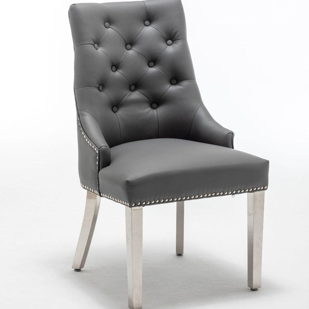 Knightsbridge Grey PU Dining Chair Faux Leather Chrome Ring Knocker-Esme Furnishings