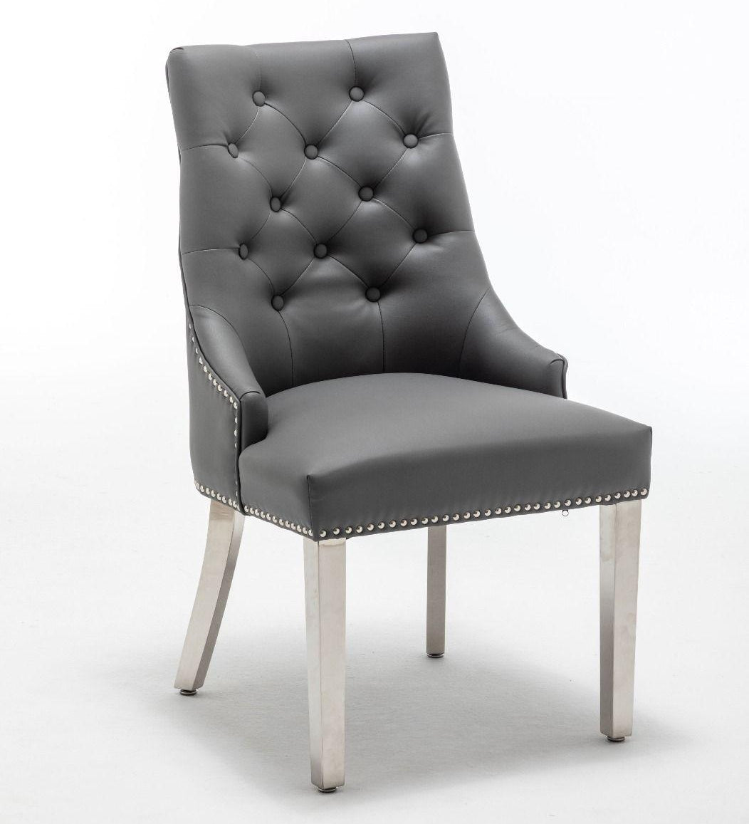 Knightsbridge Grey PU Dining Chair Faux Leather Chrome Ring Knocker-Esme Furnishings