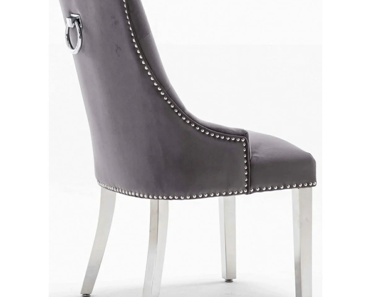 Knightsbridge Dark Grey French Velvet Knocker Back Dining Chair With Chrome Legs-Esme Furnishings