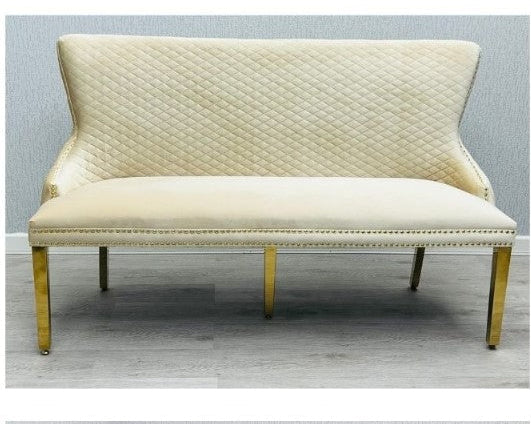 Valentino Gold Lion Knocker Quilted Tufted Cream Plush Velvet 160cm Dining Bench