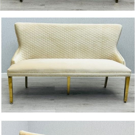 Valentino Gold Lion Knocker Quilted Tufted Cream Plush Velvet 160cm Dining Bench