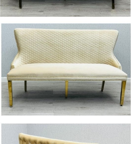 Valentino Gold Lion Knocker Quilted Tufted Cream Plush Velvet 160cm Dining Bench
