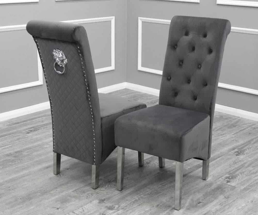 Louis 100cm Square Grey Marble Dining Table + Lucy Grey Lion Slim Knocker Plush Velvet Chairs-Esme Furnishings
