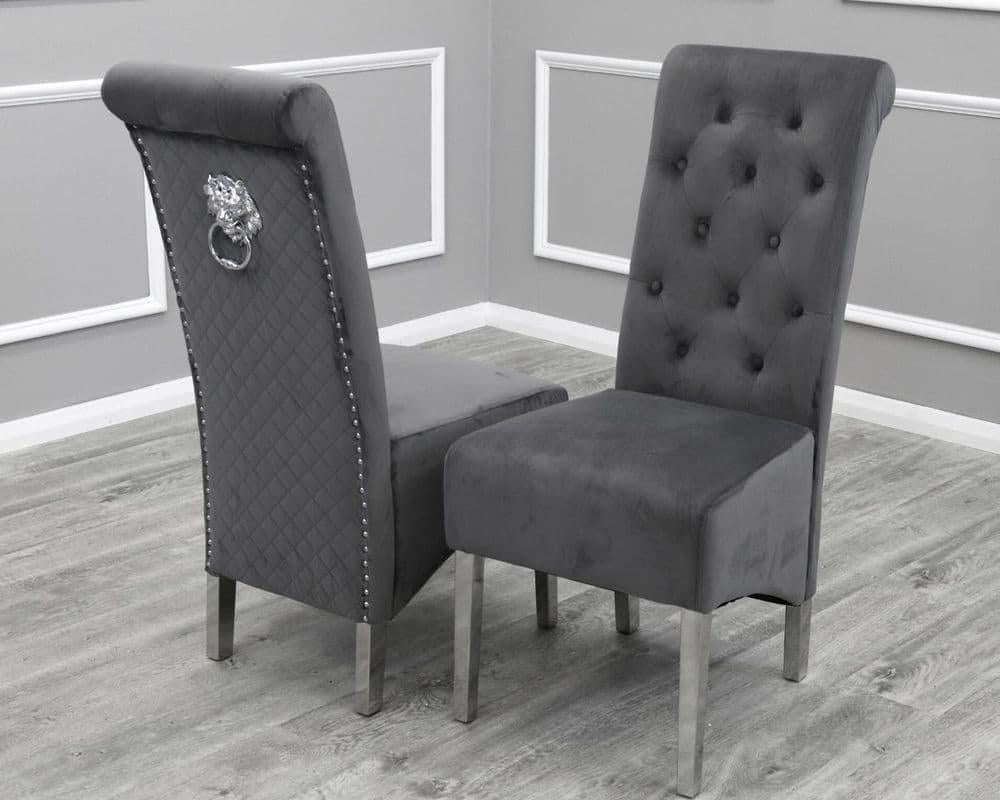 Louis 100cm Square Grey Marble Dining Table + Lucy Grey Lion Slim Knocker Plush Velvet Chairs-Esme Furnishings