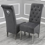 Louis 100cm Square White Marble Dining Table + Lucy Grey Lion Slim Knocker Plush Velvet Chairs-Esme Furnishings