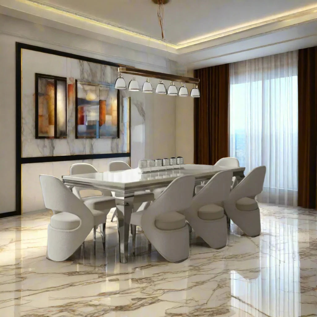 Louis Marble & Chrome Dining Table With Santos Curve Velvet Chairs