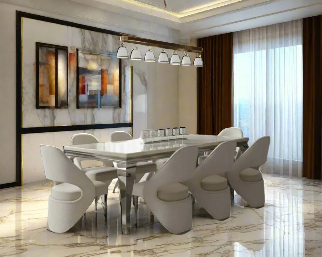 Louis Marble & Chrome Dining Table With Santos Curve Velvet Chairs
