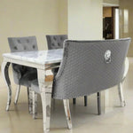 Louis Marble & Chrome Dining Table With Lion Knocker Velvet Chairs & High Back 130cm Bench - Esme Furnishings