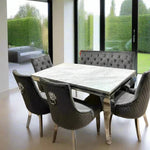 Louis Marble & Chrome Dining Table With Lion Knocker Velvet Chairs & High Back 130cm Bench - Esme Furnishings
