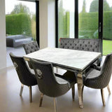 Louis Marble & Chrome Dining Table With Lion Knocker Velvet Chairs & High Back 130cm Bench - Esme Furnishings