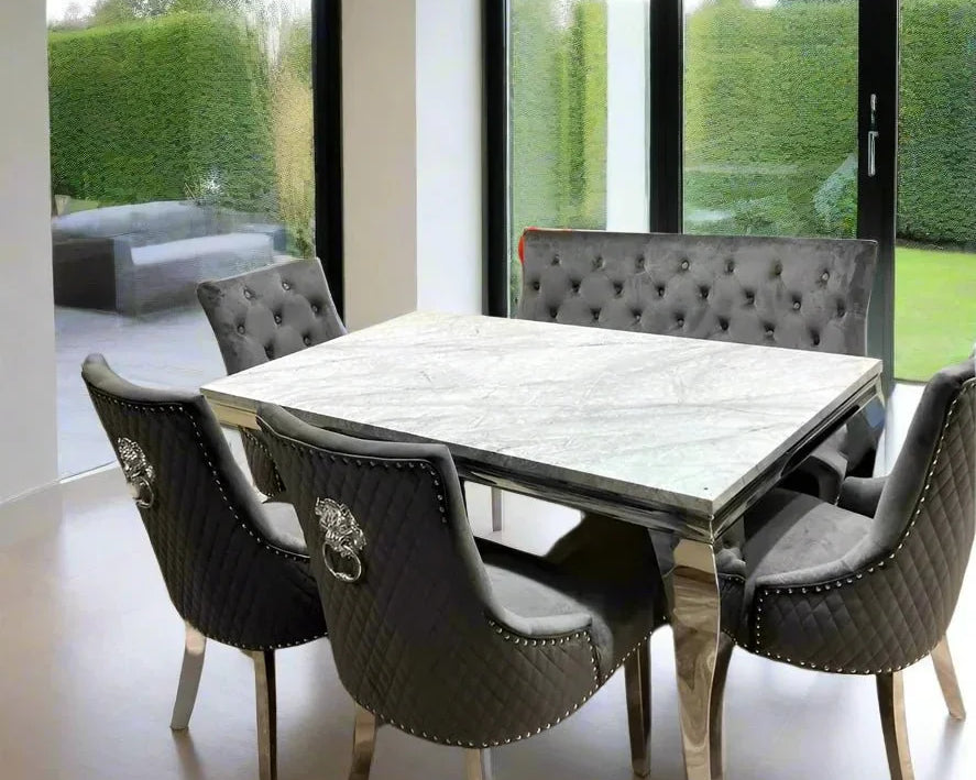 Louis Marble & Chrome Dining Table With Lion Knocker Velvet Chairs & High Back 130cm Bench - Esme Furnishings