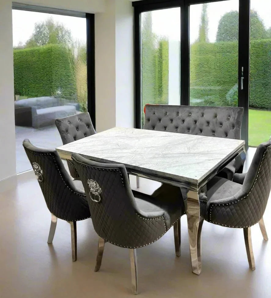 Louis Marble & Chrome Dining Table With Lion Knocker Velvet Chairs & High Back 130cm Bench - Esme Furnishings