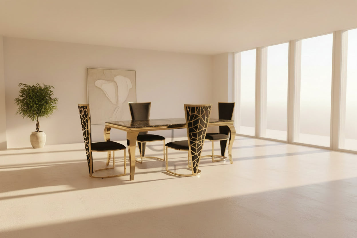 Louis Marble & Gold Dining Table With Florence High Back Velvet Chairs - Esme Furnishings