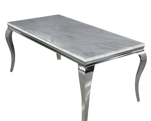 Louis White Marble & Chrome Dining Table With Victoria Ring Knocker Grey Velvet Chairs