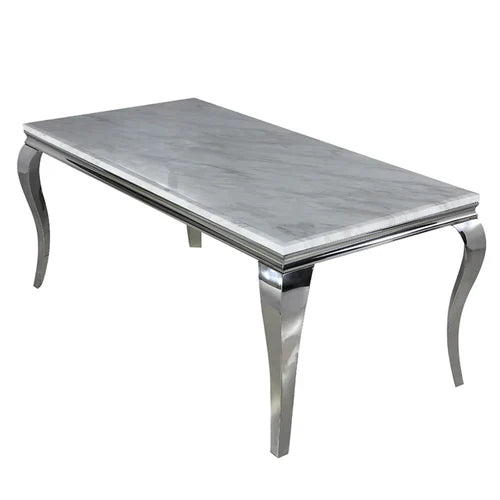 Louis White Marble & Chrome Dining Table With Victoria Ring Knocker Grey Velvet Chairs