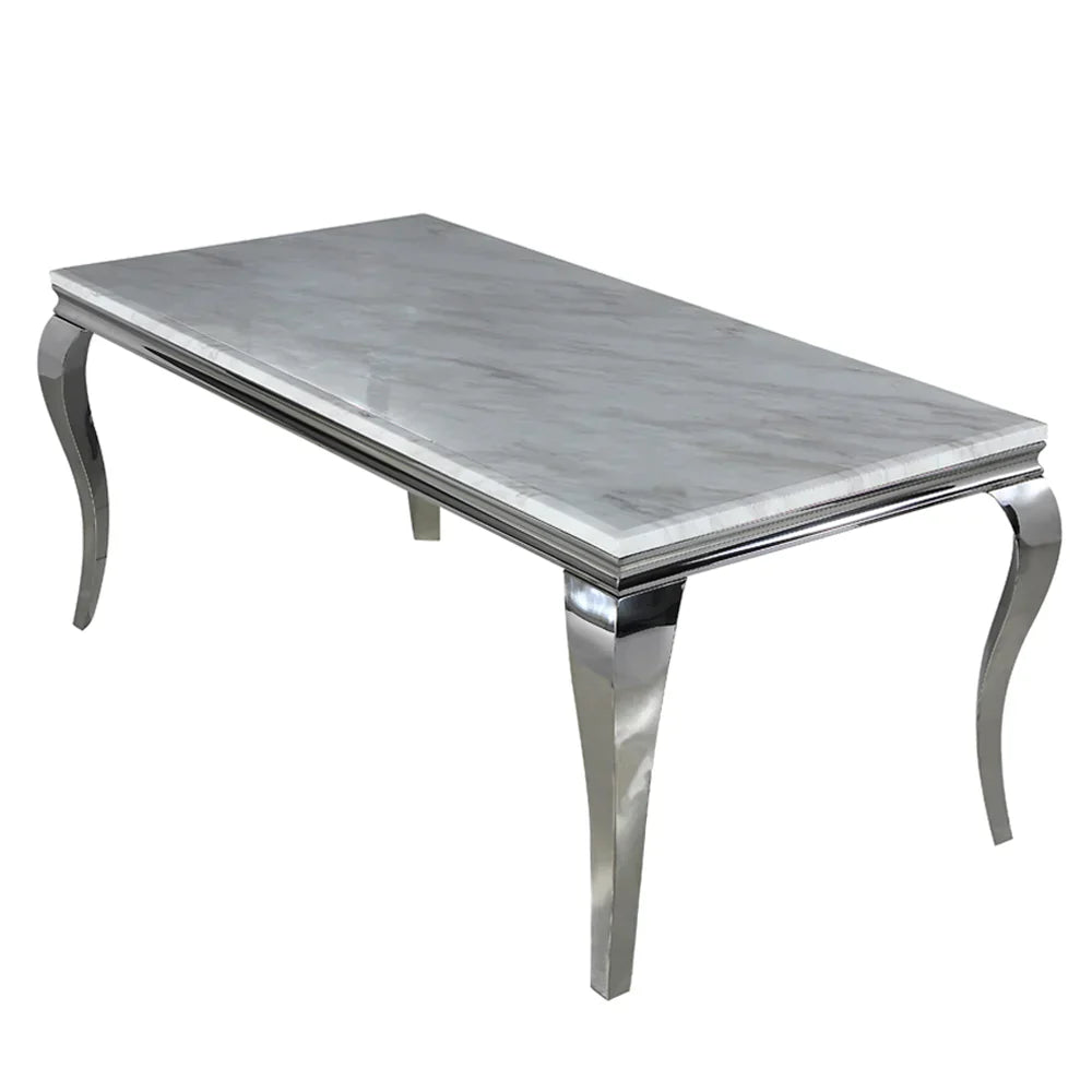 Louis 150cm Marble & Chrome Dining Table With Valente Velvet Chrome Lion Quilted Knocker Chairs