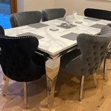 Louis Marble & Chrome Dining Table With Valentino Lion Knocker Velvet Chairs