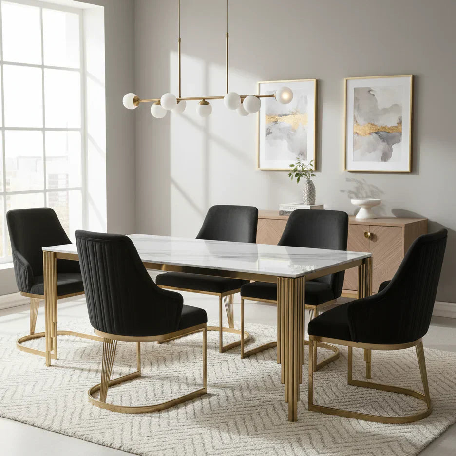 Mayfair 180CM Gold Marble Dining Table With Brompton Gold Velvet Dining Chairs