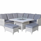 Megan Garden Large Corner Dining Set with Firepit in Cream and Grey