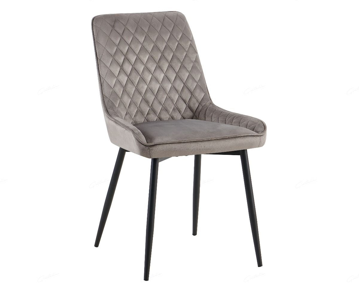 Nina Grey Velvet Quilted Dining Chairs With Black Metal Base - Pairs - Esme Furnishings
