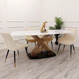 Orion Gold 180cm Dining Table with Polar White Ceramic Marble Top + Luna Plush Velvet Dining Chairs
