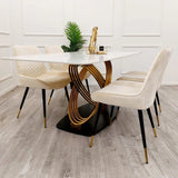 Orion Gold 180cm Dining Table with Polar White Ceramic Marble Top + Luna Plush Velvet Dining Chairs