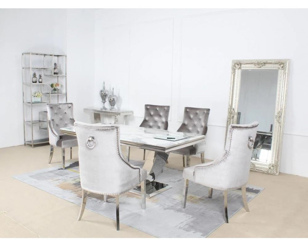 Arial Marble & Chrome Dining Table + Chrome Ring Knocker Velvet Chairs