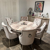 Chelsea 130cm Beige Marble Round Dining Table + Belle Champagne Dining Chairs