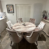 Chelsea 130cm Beige Marble Round Dining Table + Belle Champagne Dining Chairs