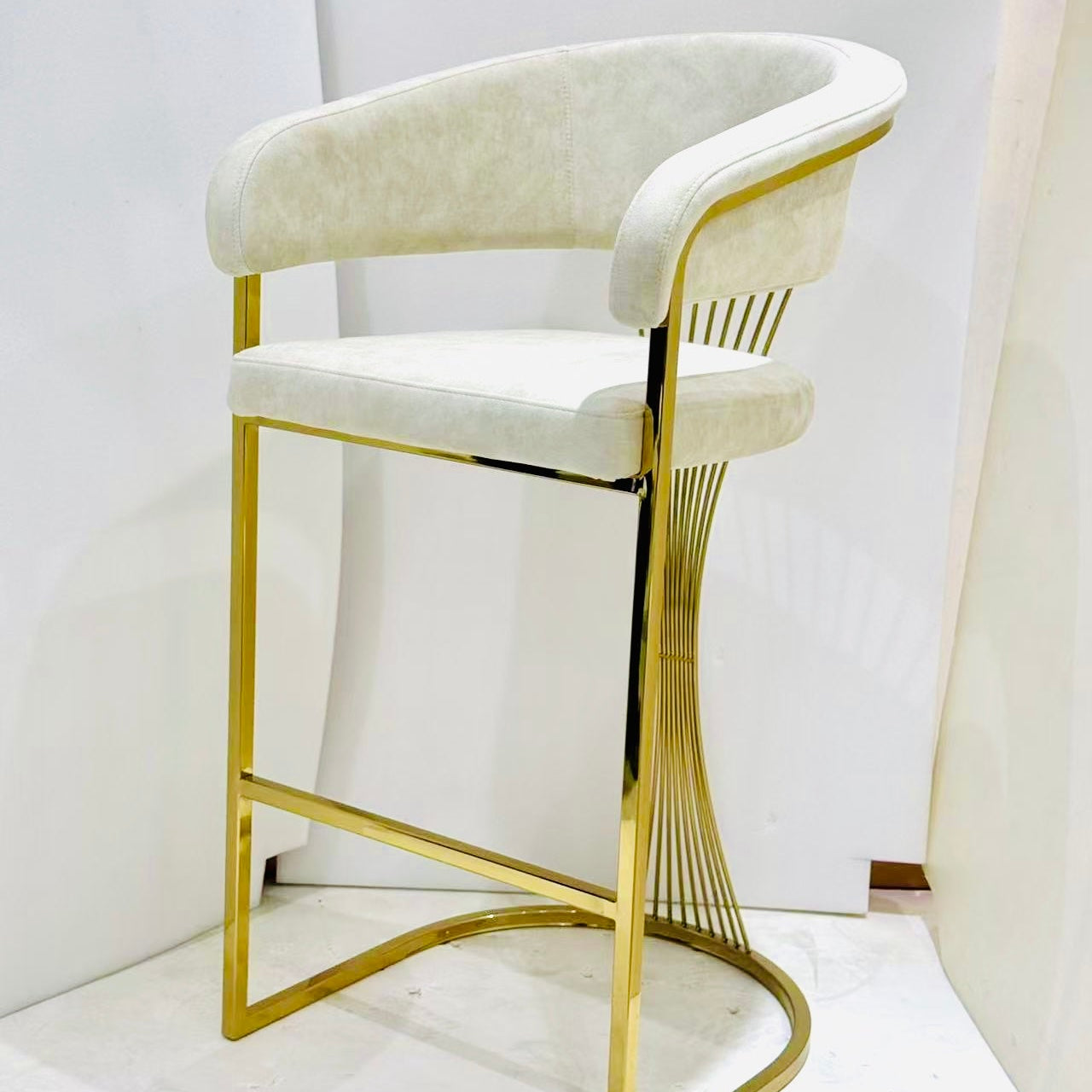 Porto Luxury Cream & Gold Velvet Bar Stool Gold Legs - Esme Furnishings