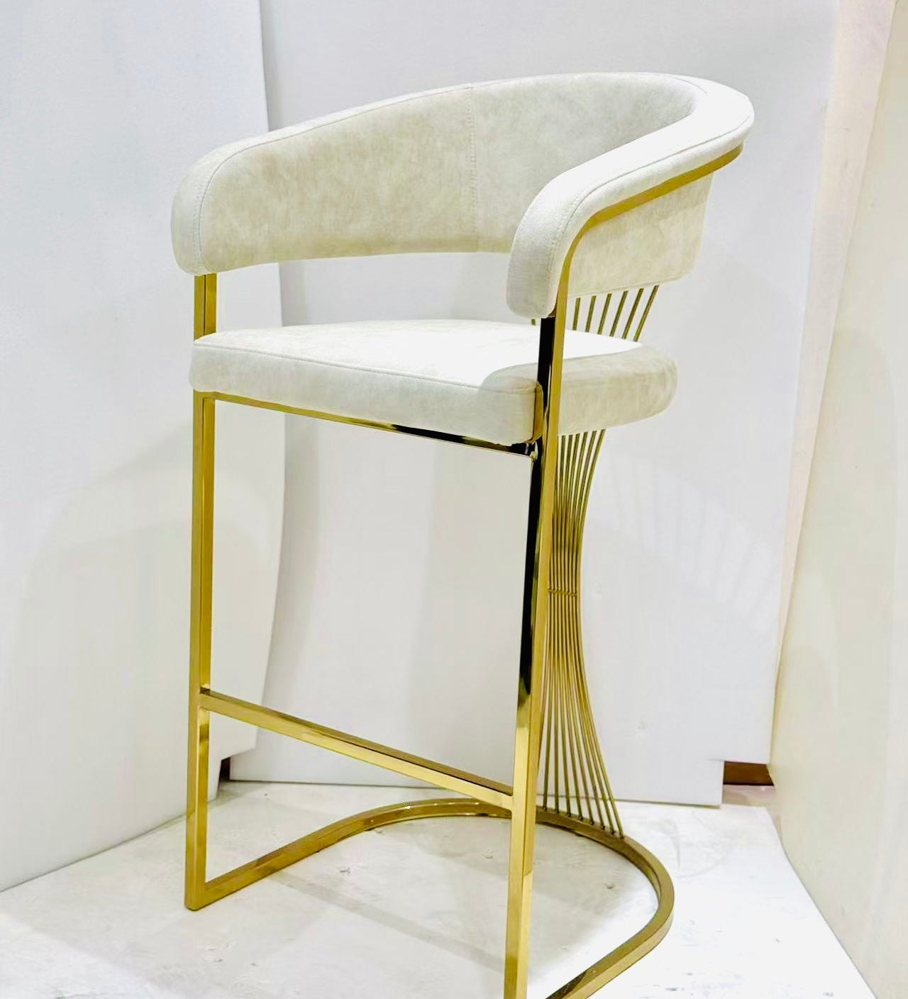 Porto Luxury Cream & Gold Velvet Bar Stool Gold Legs - Esme Furnishings