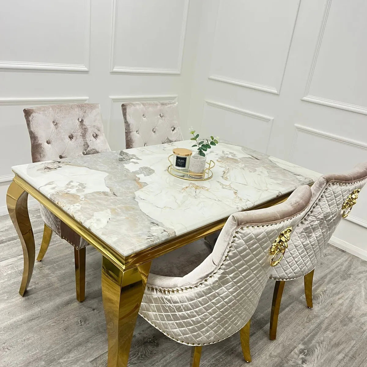 Louis Pandora Gold Marble Dining Table With Gold Lion Knocker Dining Chairs