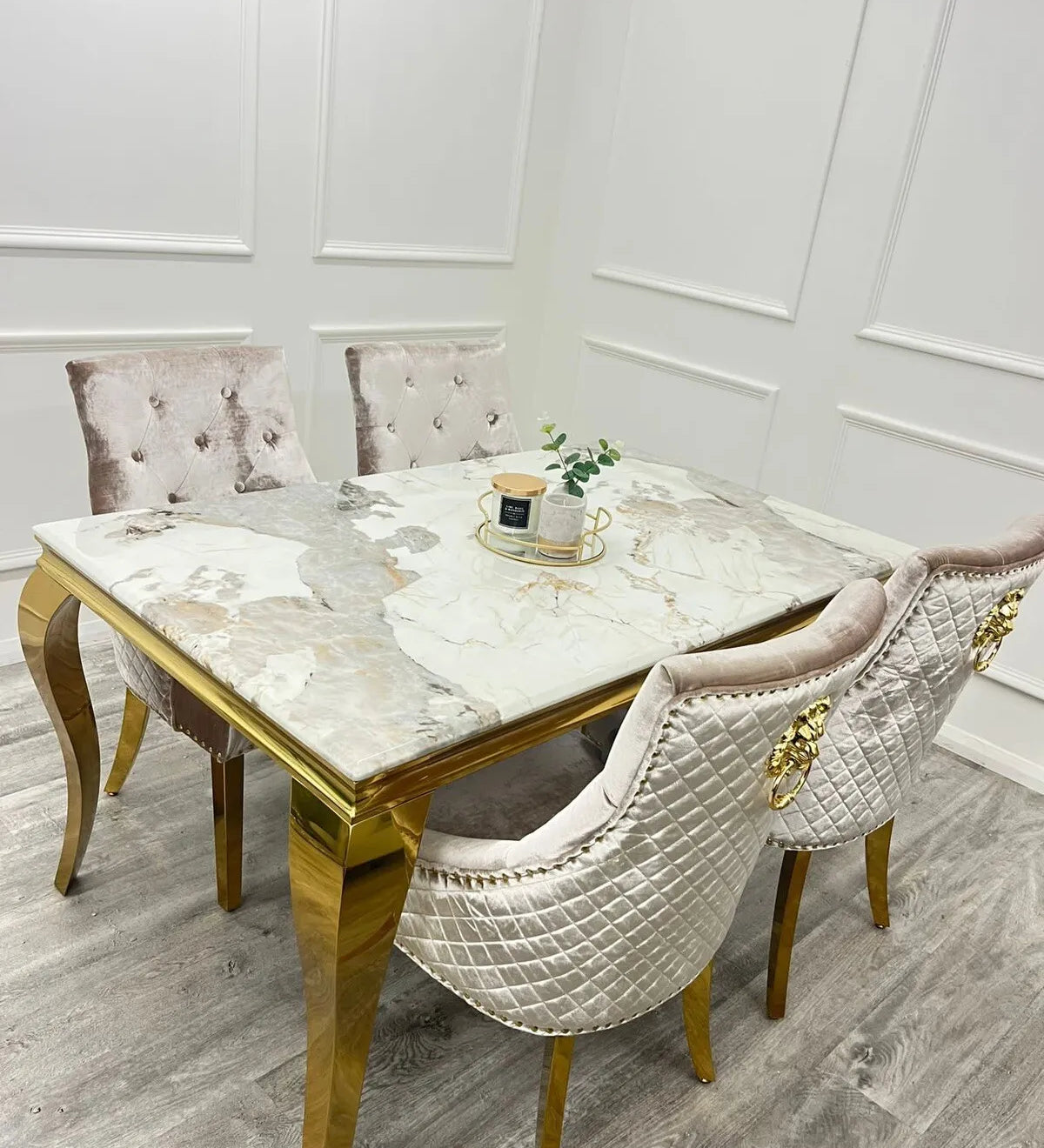 Louis Pandora Gold Marble Dining Table With Gold Lion Knocker Dining Chairs