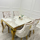 Louis Pandora Gold Marble Dining Table With Gold Lion Knocker Dining Chairs