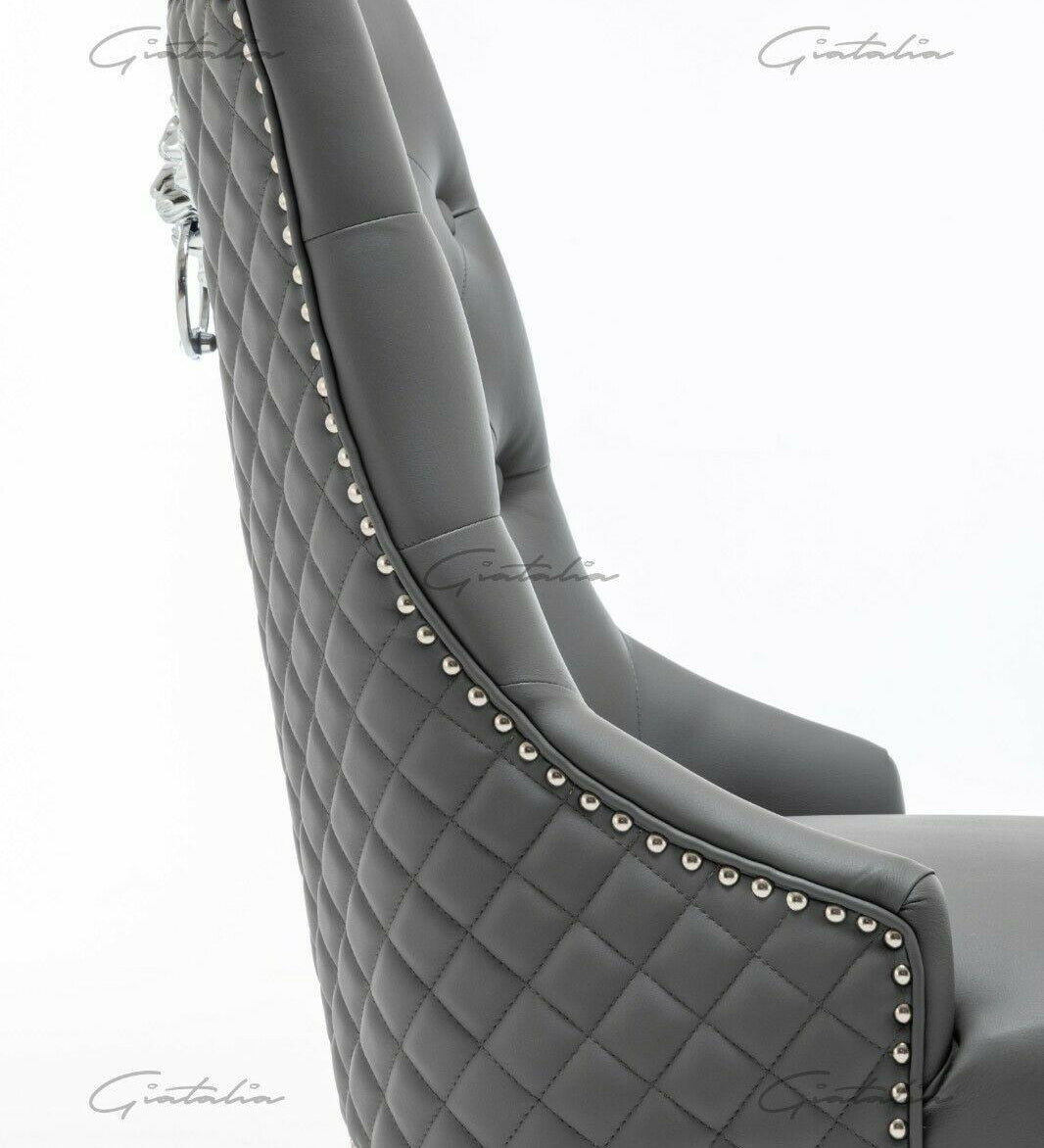 Winchester Grey PU Dining Chair Faux Leather Lion Knocker Chrome-Esme Furnishings