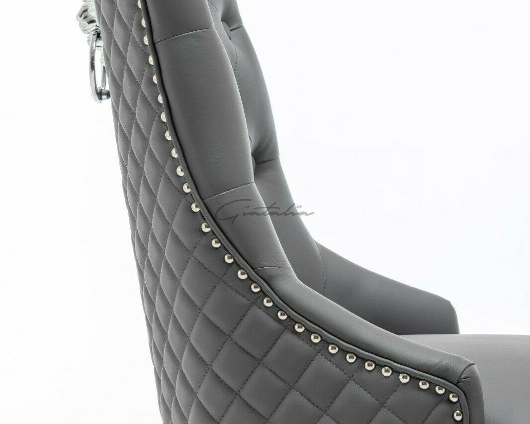 Winchester Grey PU Dining Chair Faux Leather Lion Knocker Chrome-Esme Furnishings