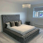The Mayfair Upholstered Plush Velvet Button Bed Frame-Esme Furnishings