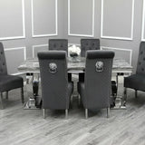 Arianna Marble & Chrome Dining Table With Lucy Slim Quilted Lion Knocker Velvet Chairs