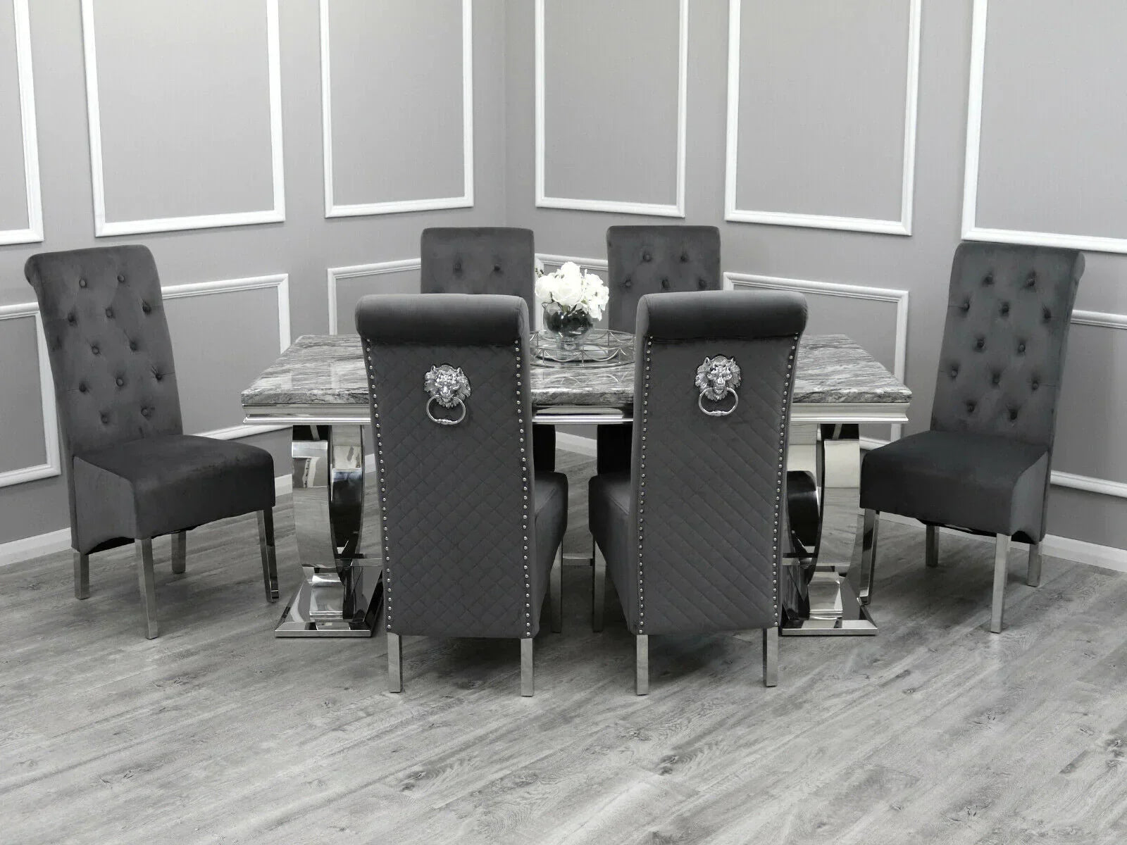 Arianna Marble & Chrome Dining Table With Lucy Slim Quilted Lion Knocker Velvet Chairs