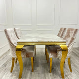 Louis Pandora Gold Marble Dining Table With Gold Lion Knocker Dining Chairs